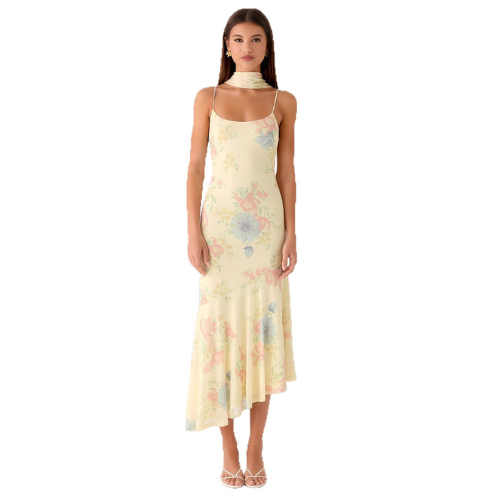 Ladies Elegant Maxi Dress with Floral Chiffon Design and Halter Neck Cut
