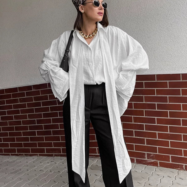 Dame Oversized Bluse med voluminøse ærmer og pænt binde bælte Stilla