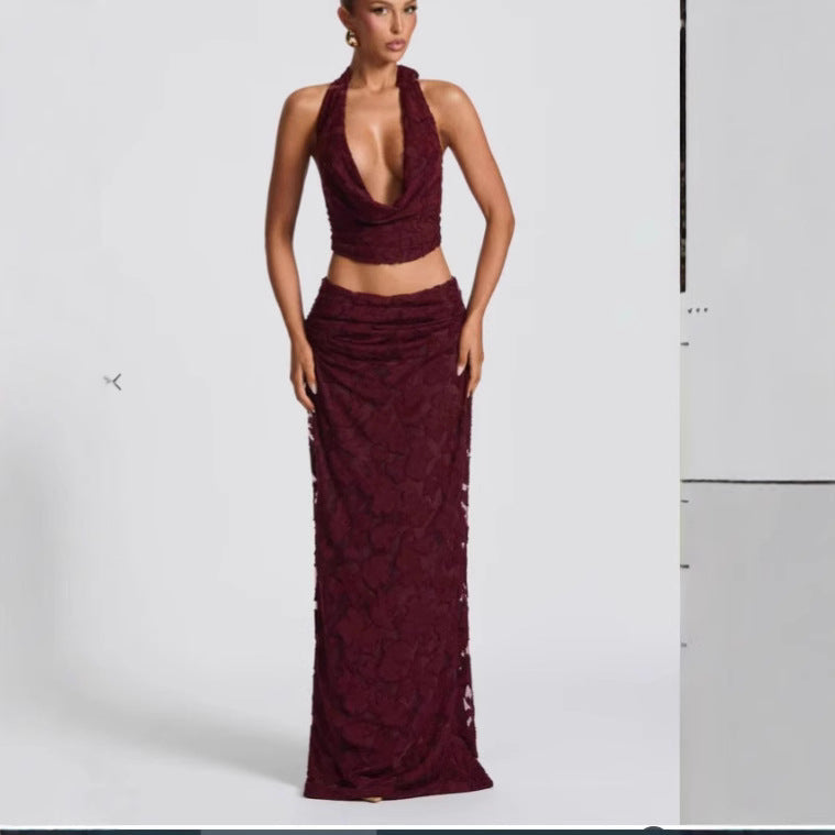 Femme Halterhals Floral Overlay Maxi Kjole Stilla