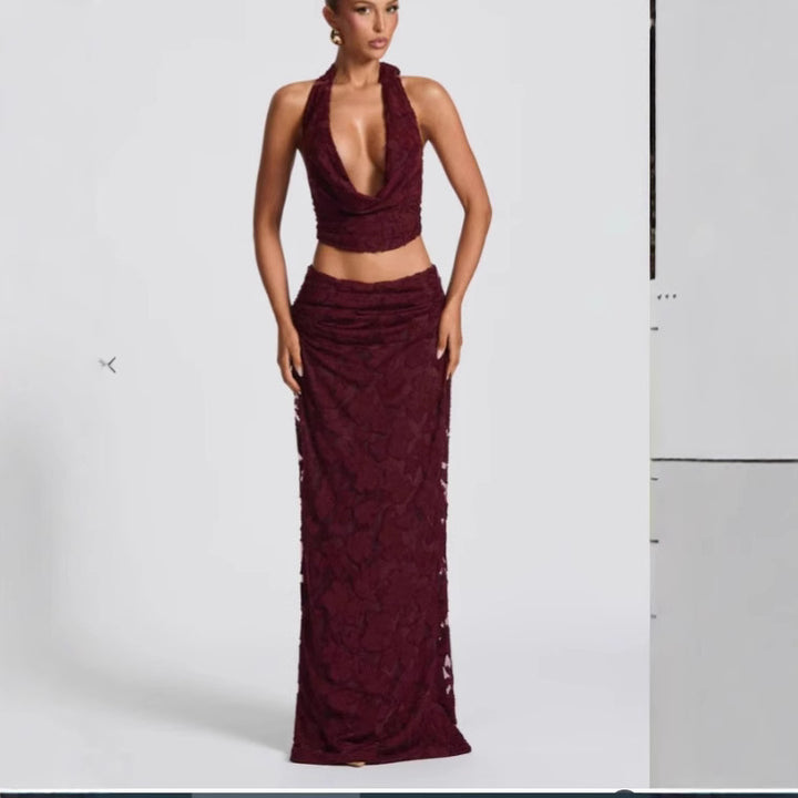 Femme Halterhals Floral Overlay Maxi Kjole Stilla