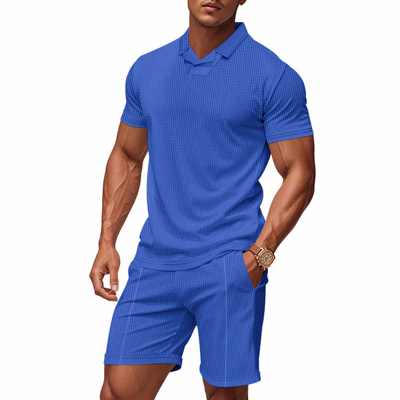 Herre nan afslappet vaffelstruktur fritids sæt med reverskrave kortærmet shirt og elastiske fritids shorts Skovae