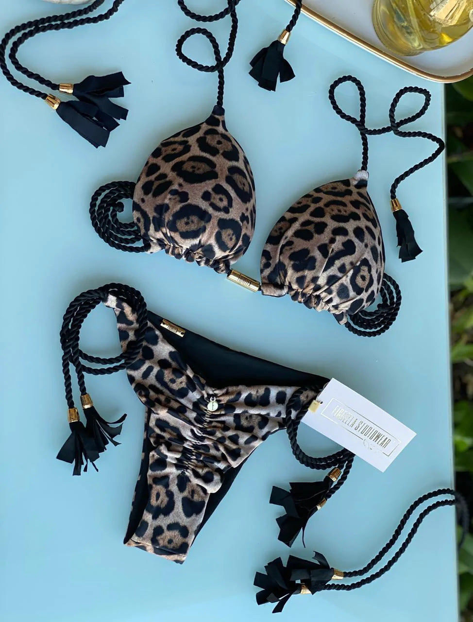 Dame triangel-bikini med moderne leopardmønster og dekorative frynser Skovae
