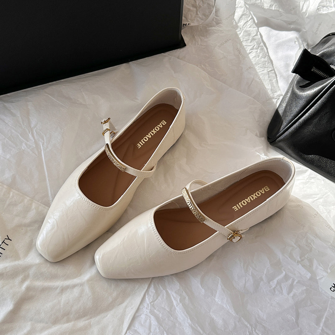 Femme Elegante Kvadrat-Spids Mary Jane Ballerinas med Stilfuld Ankelsnor Stilla