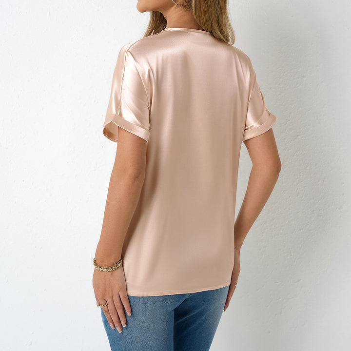 Dame Elegant satin top med V-hals og eksklusiv spidskant Skovae