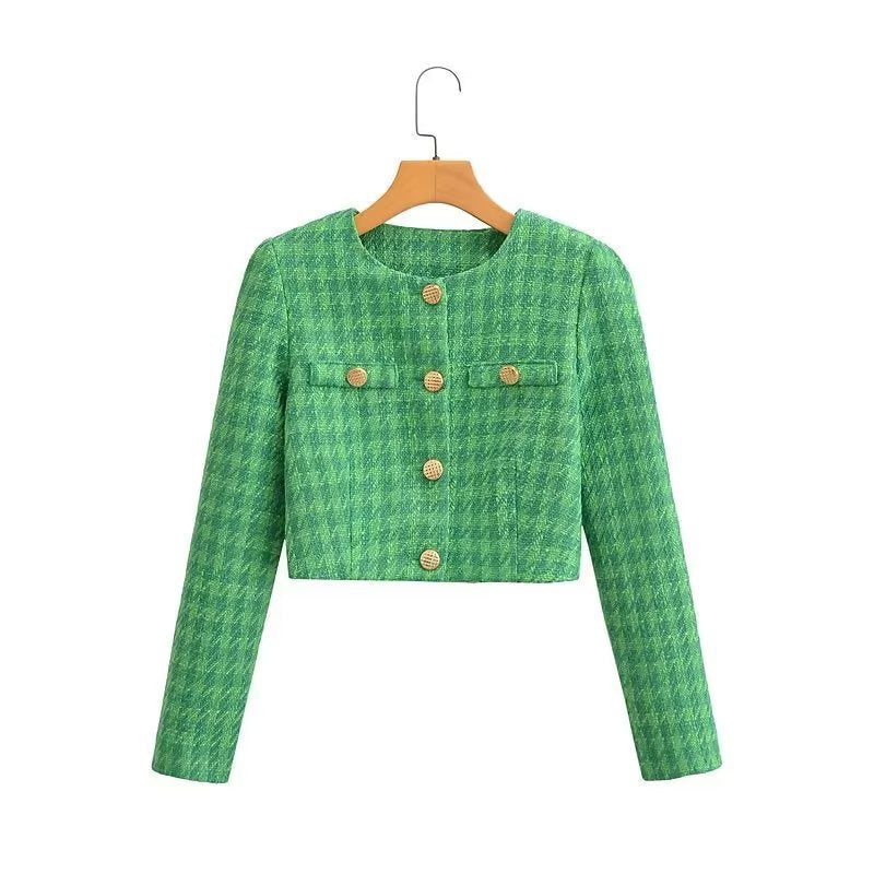 Dame Kort Boucle Jakke med Elegant Ternet Mønster Stilla