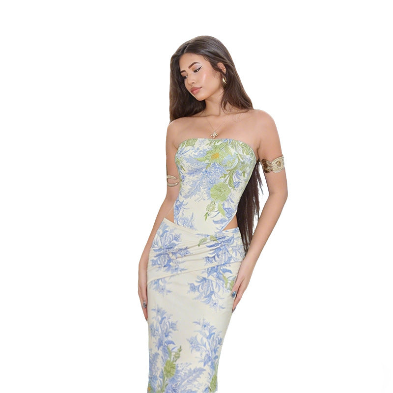 Dame Elegant Maxikjole med blomsterprint og figursyet snit Skovae