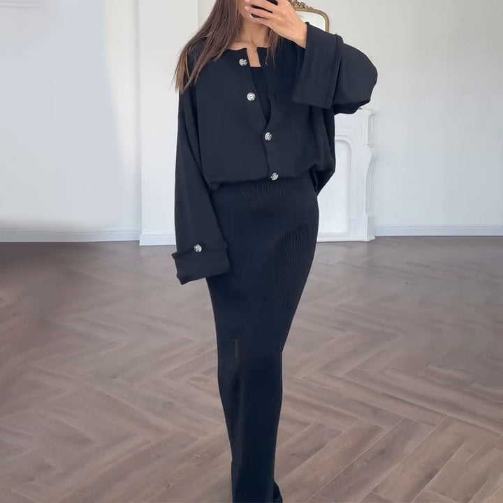Damer elegant strikket kjole med matchende cardigan wrap Stilla