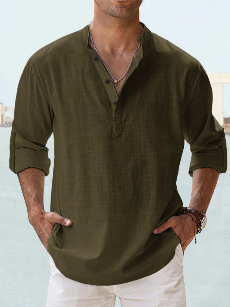 Herrer nan legeres linned Henley-skjorte med ståkrave, oprullede ærmer og buet kant Skovae