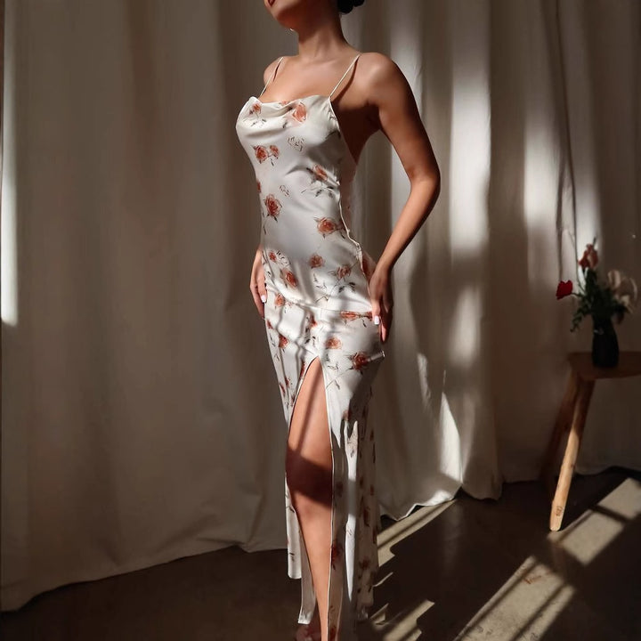 Dame Elegant Satin-Midi-Kjole med floralsk mønster og høj split Stilla