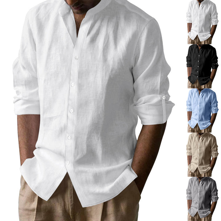 Herren nan afslappet linned-shirt med kentkrave, gennemgående knaplås og opskruelige ærmer Skovae