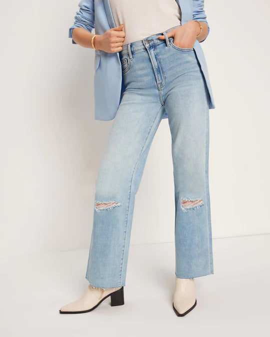 Dame High-Waist Jeans med frynsede kanter og modede revnedetaljer Skovae