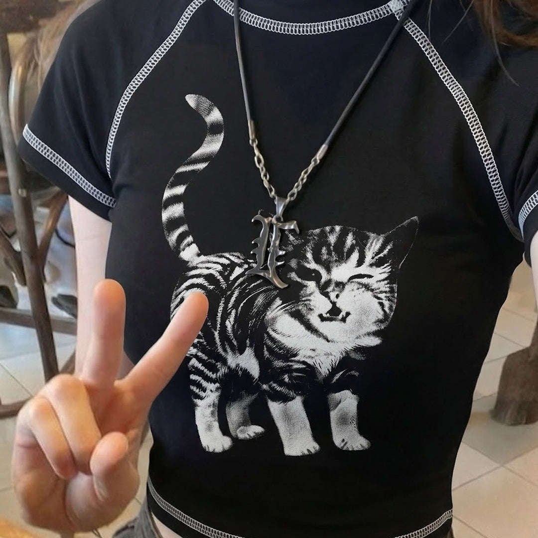 Dame T-shirt med kreativt kattemotiv og sportslig snit Skovae