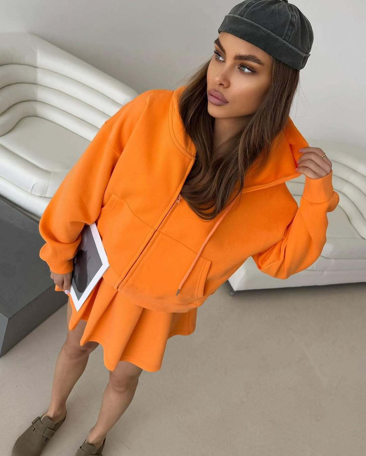 Dame Casual Hoodie og Nederdel Sæt med Skjult Lynlås og Elastisk Talje