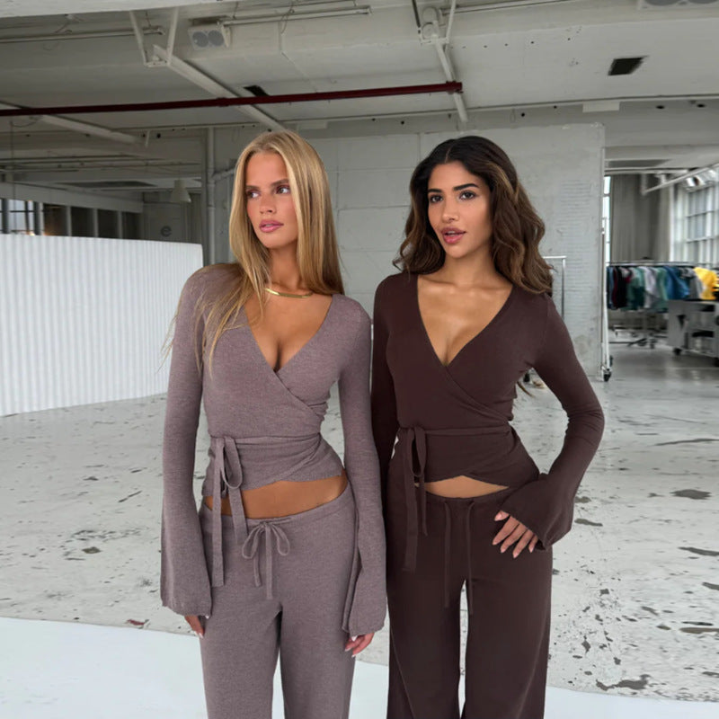 Damer løs jumpsuit med omslag design og lange ærmer Skovae