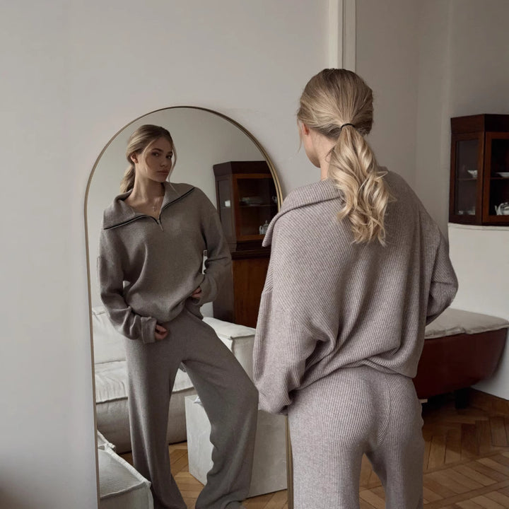 Kvinder Oversized Strikket Overall med Høj Krave og Halv Lynlås Skovae