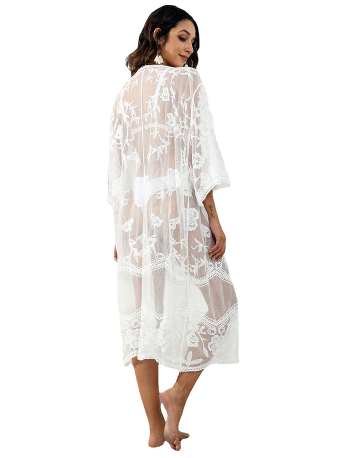 Dame Gennemsigtig Strandkimono med blomster Hæklemotiver og brede Ærmer Stilla