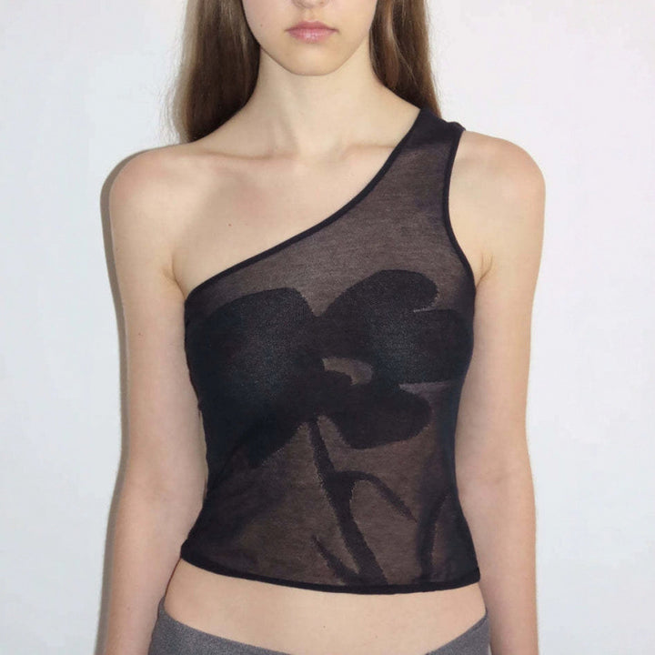 Dame Transparent En-Skulder Blommetop Stilla