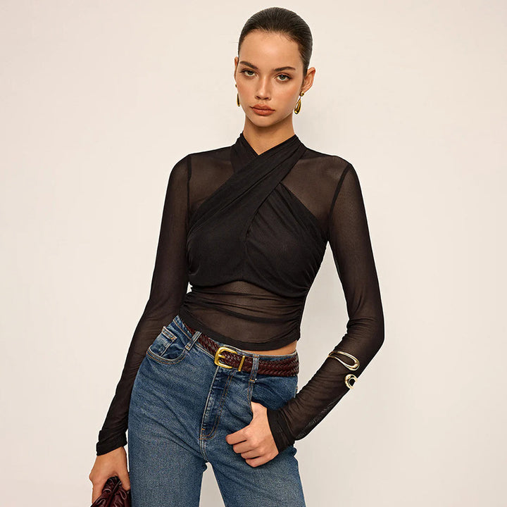 Damer Elegant wrapper top med transparent stof og lange ærmer Skovae