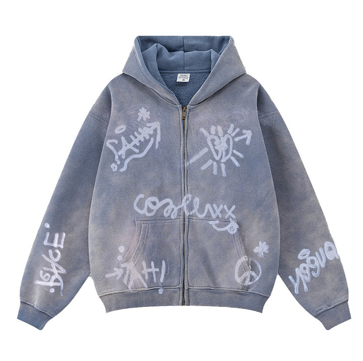 Unisex nan oversized hættetrøje med gennemgående lynlås, børstet fleecefor og håndlignende sprayprint Skovae