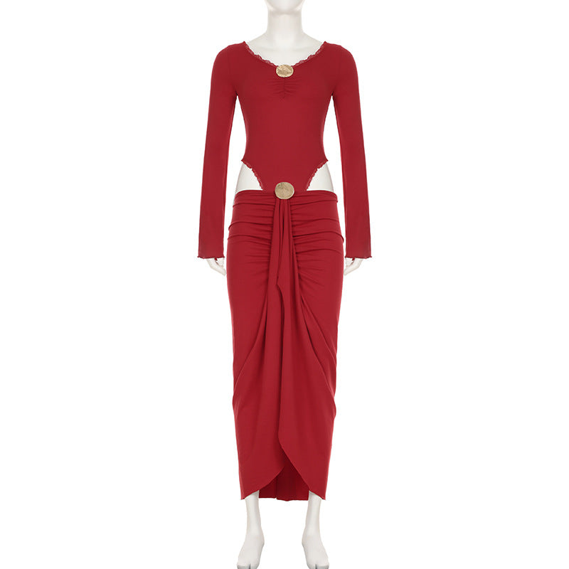 Damen eleganter Wickelrock mit glanzvollem Knopfdetail Skovae
