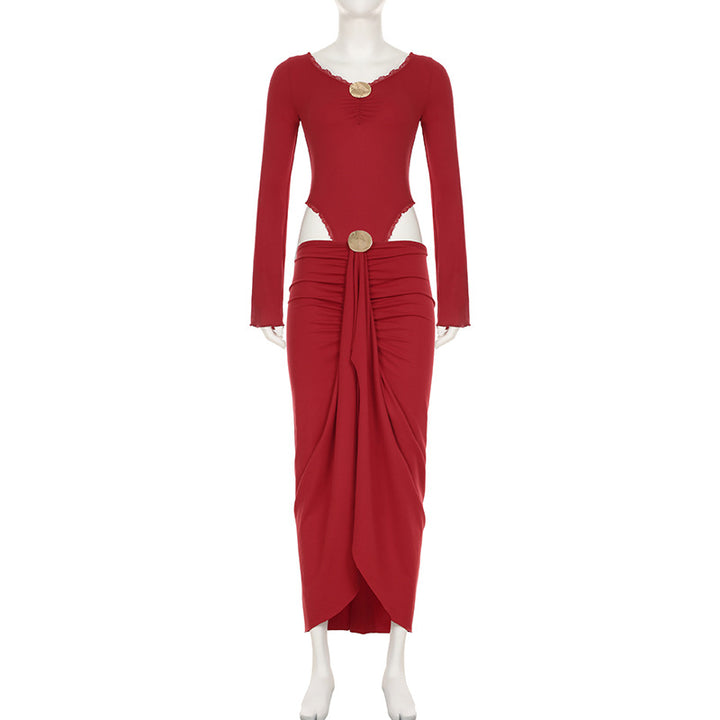 Damen eleganter Wickelrock mit glanzvollem Knopfdetail Skovae