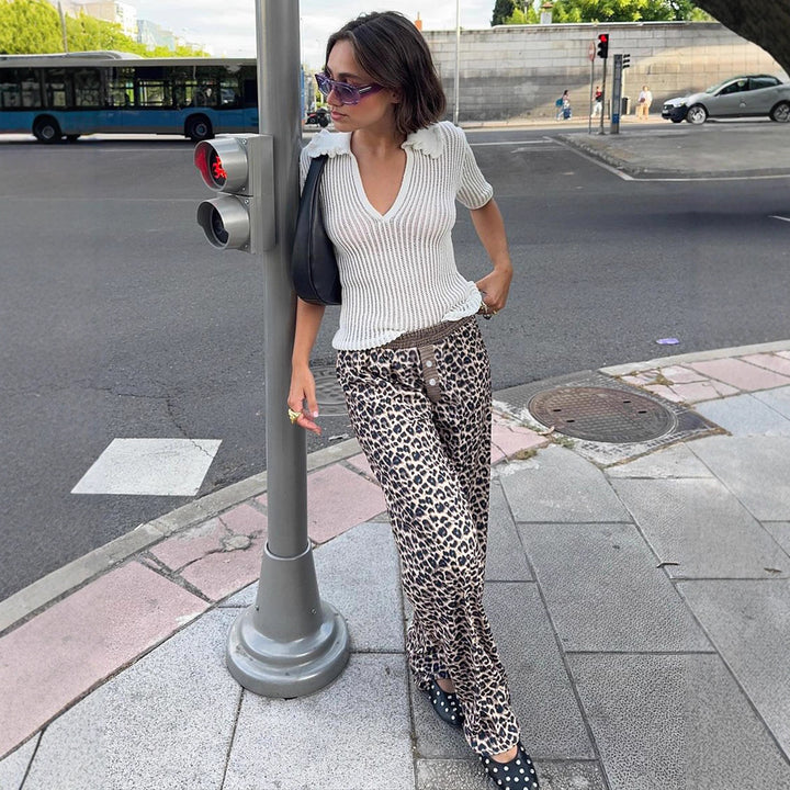 Dame casual Palazzo-bukser med leopardmønster og elastisk talje Skovae