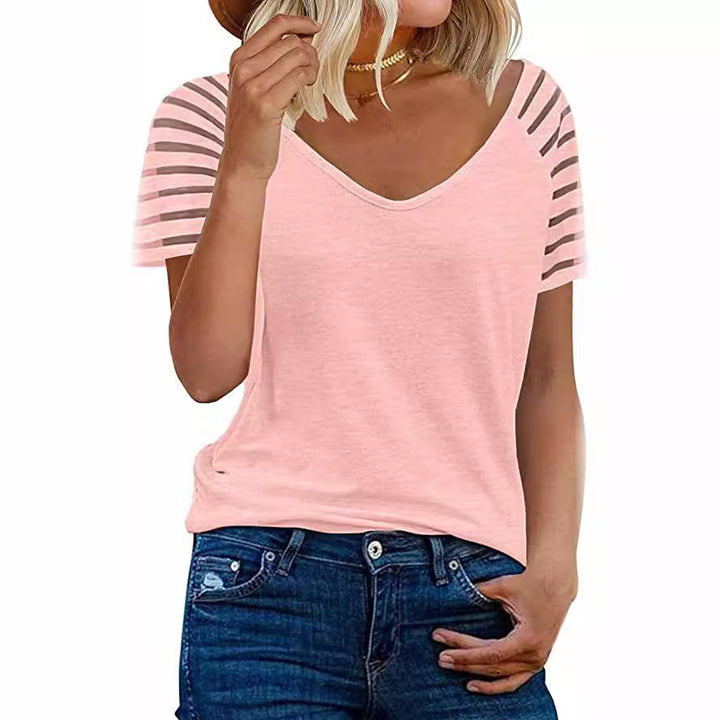 Dame V-hals T-shirt med afslappede stribedetaljer Stilla