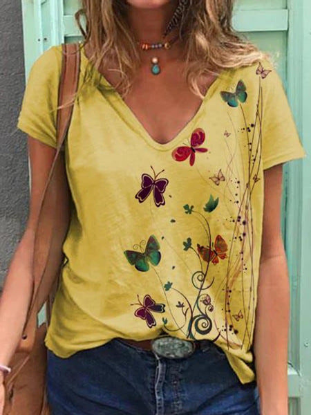 Dame V-hals sommerfugl tryk T-shirt Stilla