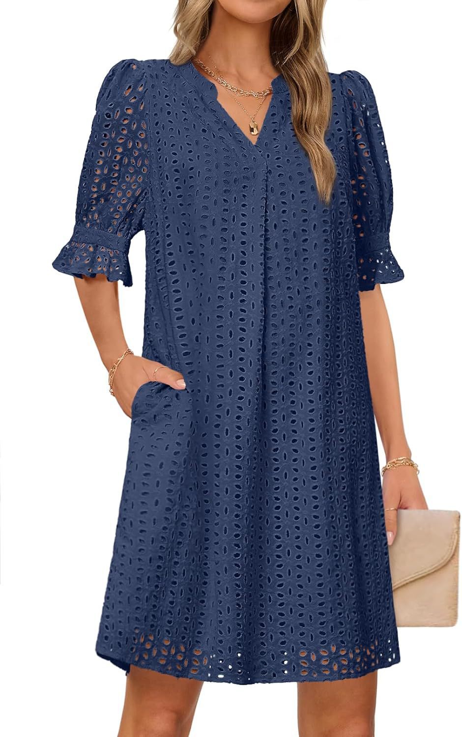 Kvinder Eyelet Midi Kjole med Puffærmer Stilla
