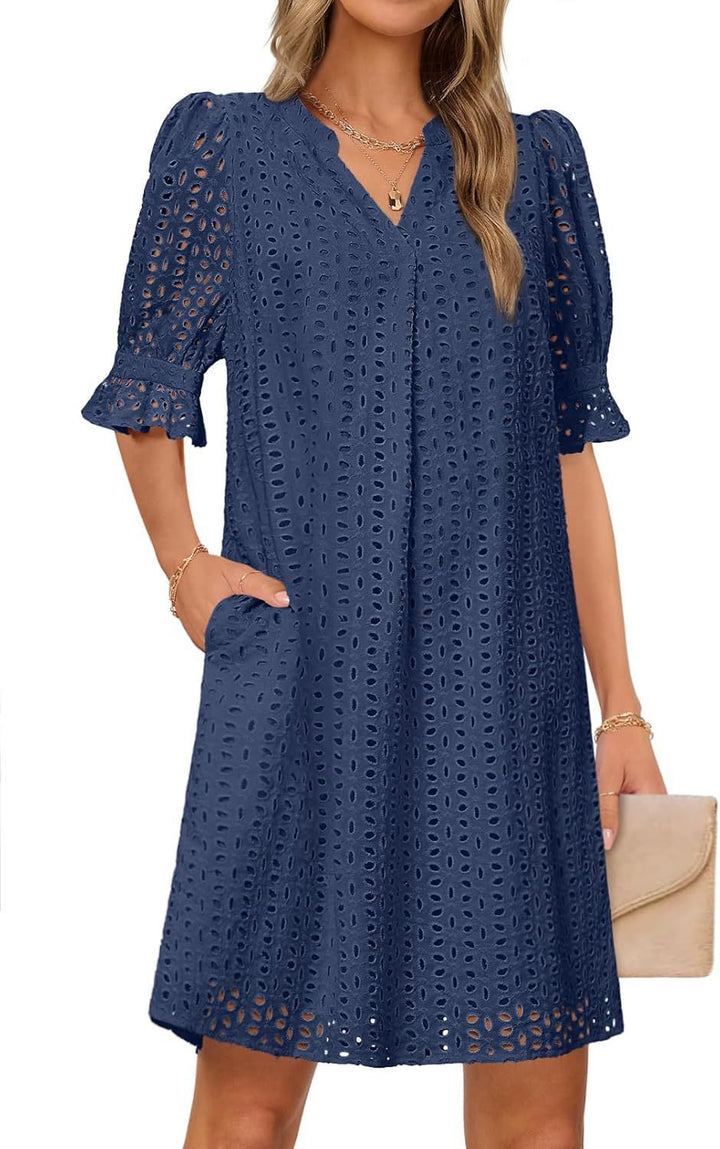 Kvinder Eyelet Midi Kjole med Puffærmer Stilla