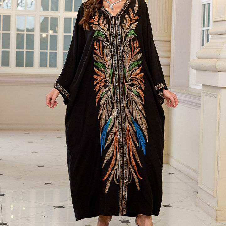 Dame Elegant broderet Kaftan med brede ærmer og V-udskæring Stilla