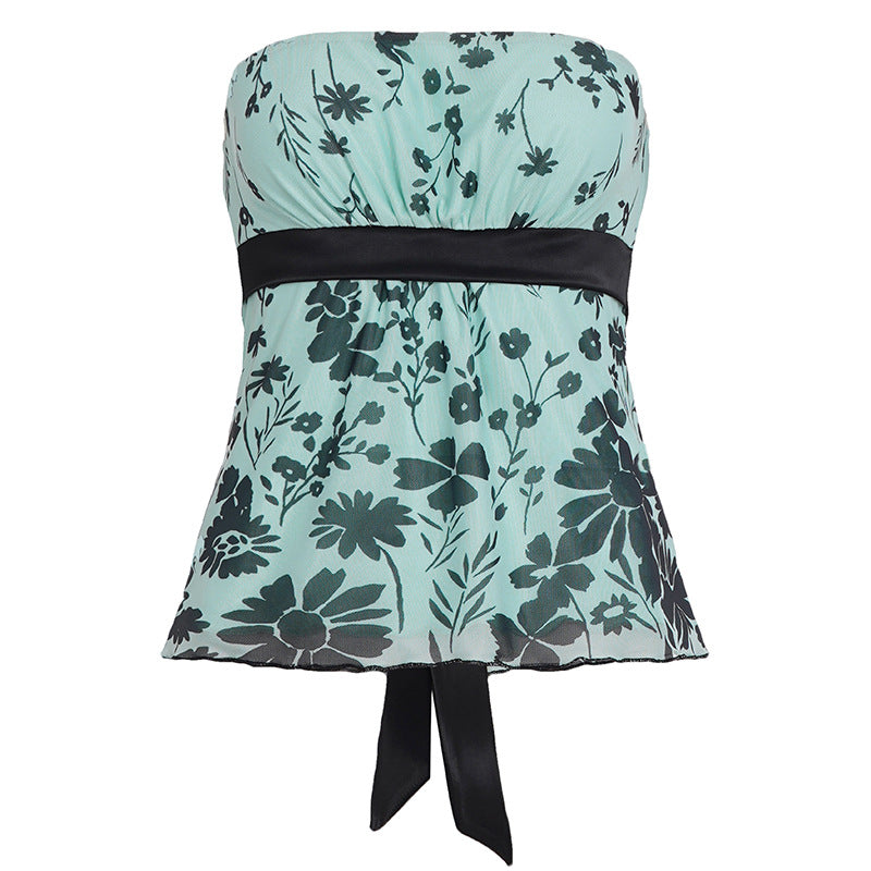 Dame bandeau-top med blomstermotiv og justerbart taljebånd Skovae