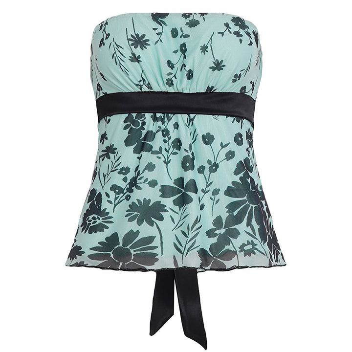 Dame bandeau-top med blomstermotiv og justerbart taljebånd Skovae