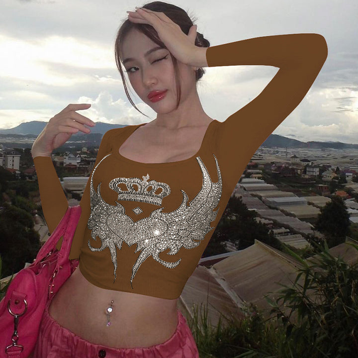 Dame trendy cropped langærmet skjorte med skinnende motiv Stilla