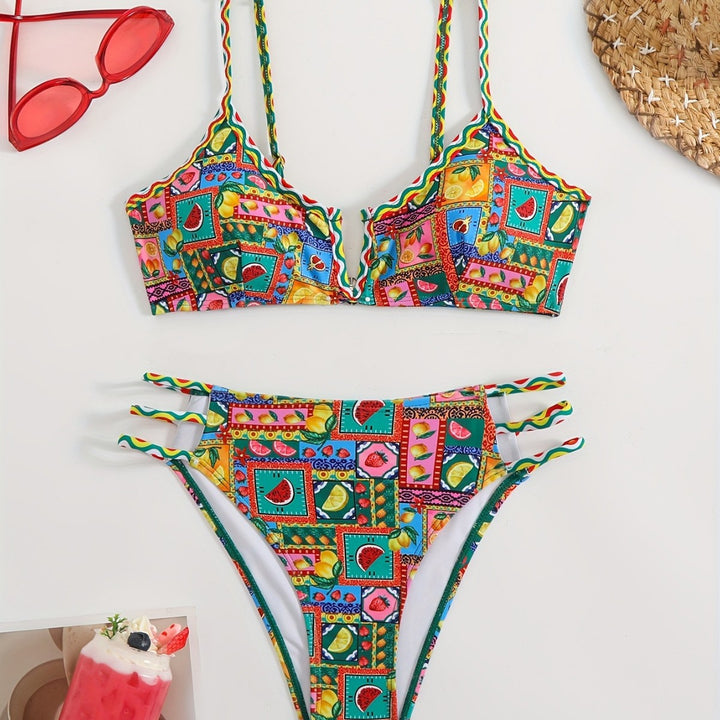 Dame bikini sæt med farverigt frugtmønster og raffinerede stropdetaljer Skovae