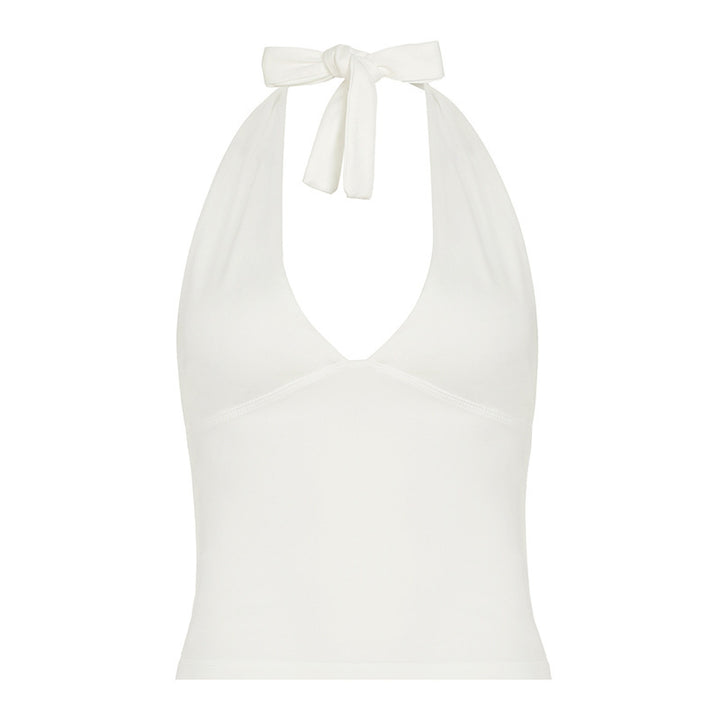 Dame halterneck top med legende prikdesign Skovae