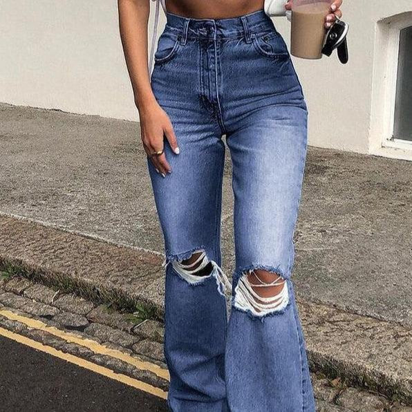 Damer Bredt skårne jeans i ekstravagant Destroyed-stil med høj talje Stilla