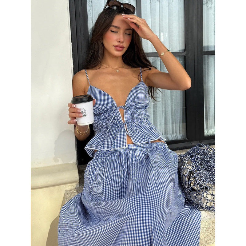 Damen Sommerliches Maxikleid mit V-Ausschnitt und Gingham-Muster Skovae