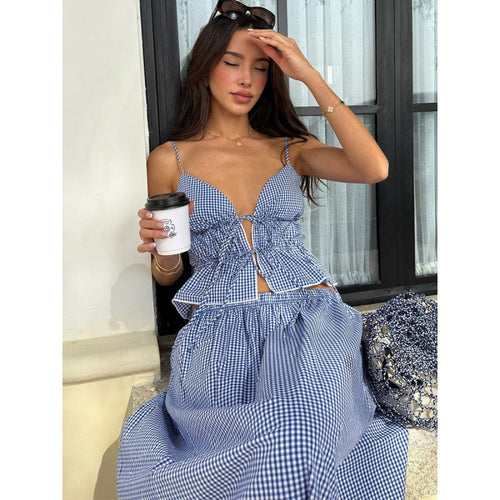 Damen Sommerliches Maxikleid mit V-Ausschnitt und Gingham-Muster Skovae
