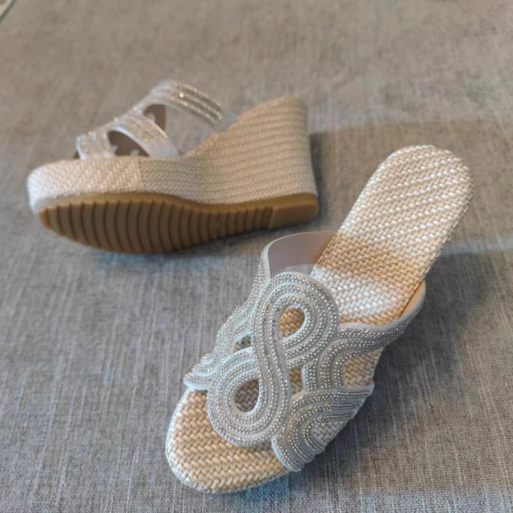 Dame Wedge Sandaler med glitrende pyntedesign og højkvalitets Rattan-sål Stilla