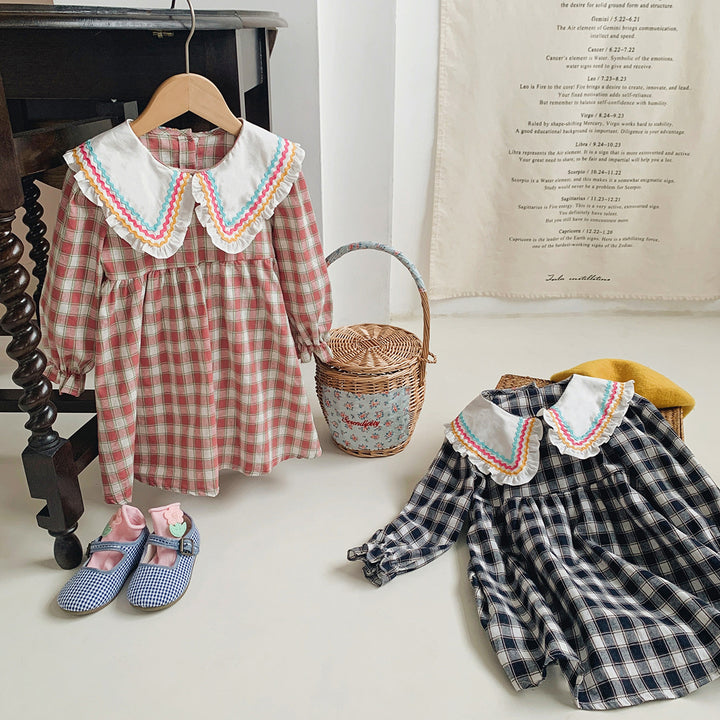 Pige Gingham Ruder Kjole med dekorativ Peter-Pan Krave Stilla
