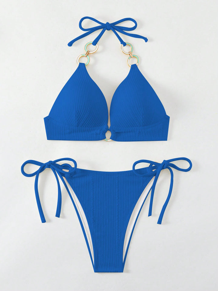Dame Triangel-Bikini-Sæt med dekorative ringe og justerbare bindebånd Stilla