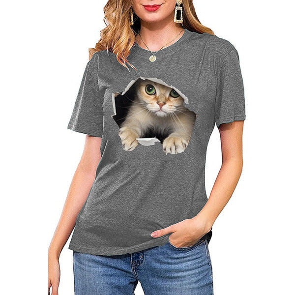 Dame T-shirt med kreativ kattemotiv og struktureret pasform Stilla