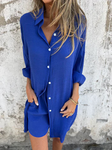 Dame Løs Bluse-Shorts-Sæt med Oversized Snit og Luftig Struktur Skovae