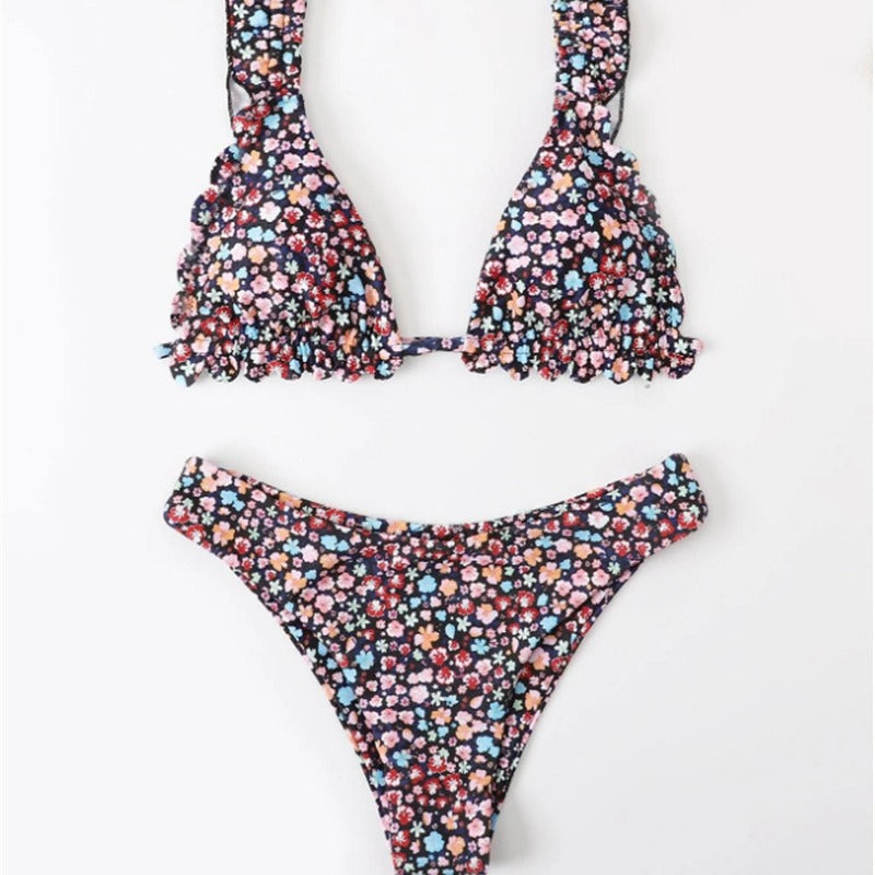 Damer Blomster Rynket Trekant Bikini Sæt Stilla