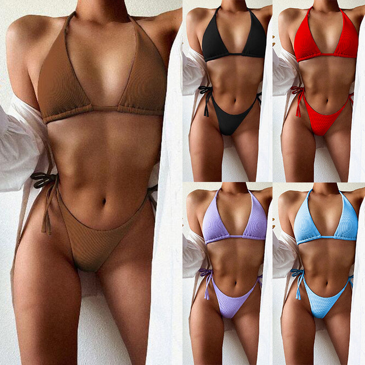 Dame triangel-bikini med trendy ribstruktur og justerbare snøringer Stilla