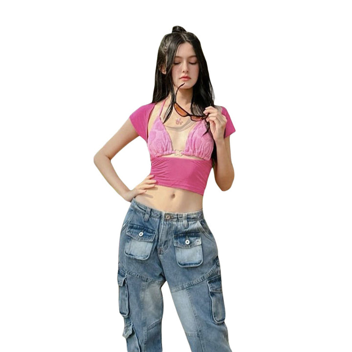 Dame Crop Top med legende akvarel-design og justerbar udskæring Skovae