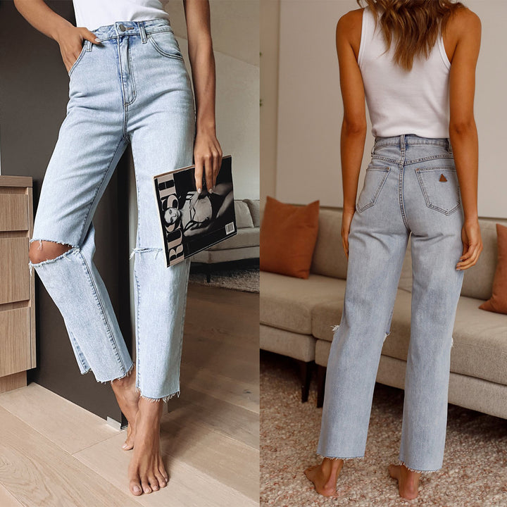 Dame Ripped Jeans i afslappet High-Waist-snits med frynset kanter Stilla