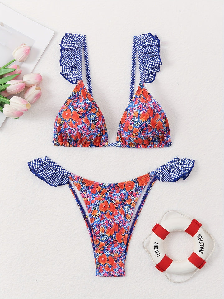 Dame bikinisæt med filigran ruffle detaljer og farverigt blomstermotiv Stilla