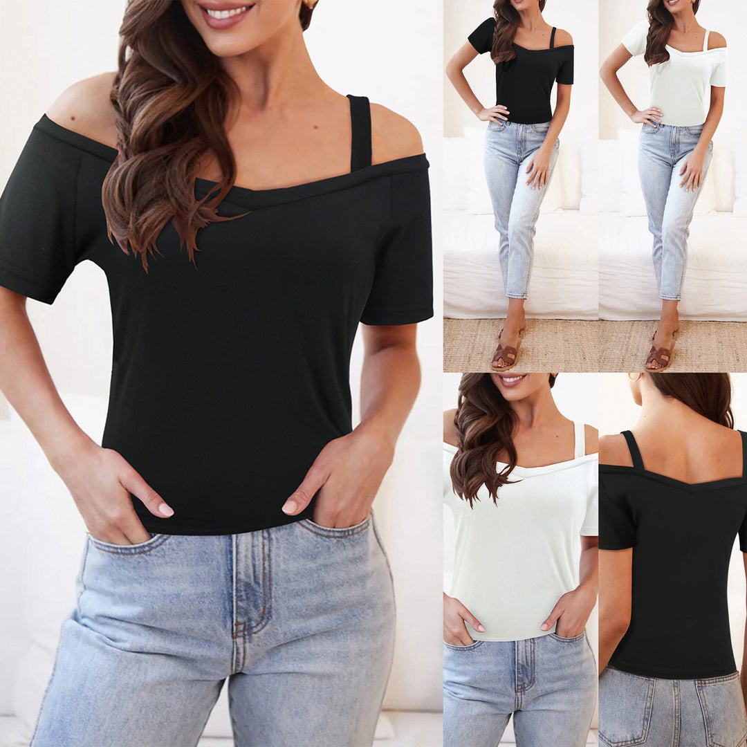 Dame Off-Shoulder Top med Elastiske Stropper og V-udskæring Skovae